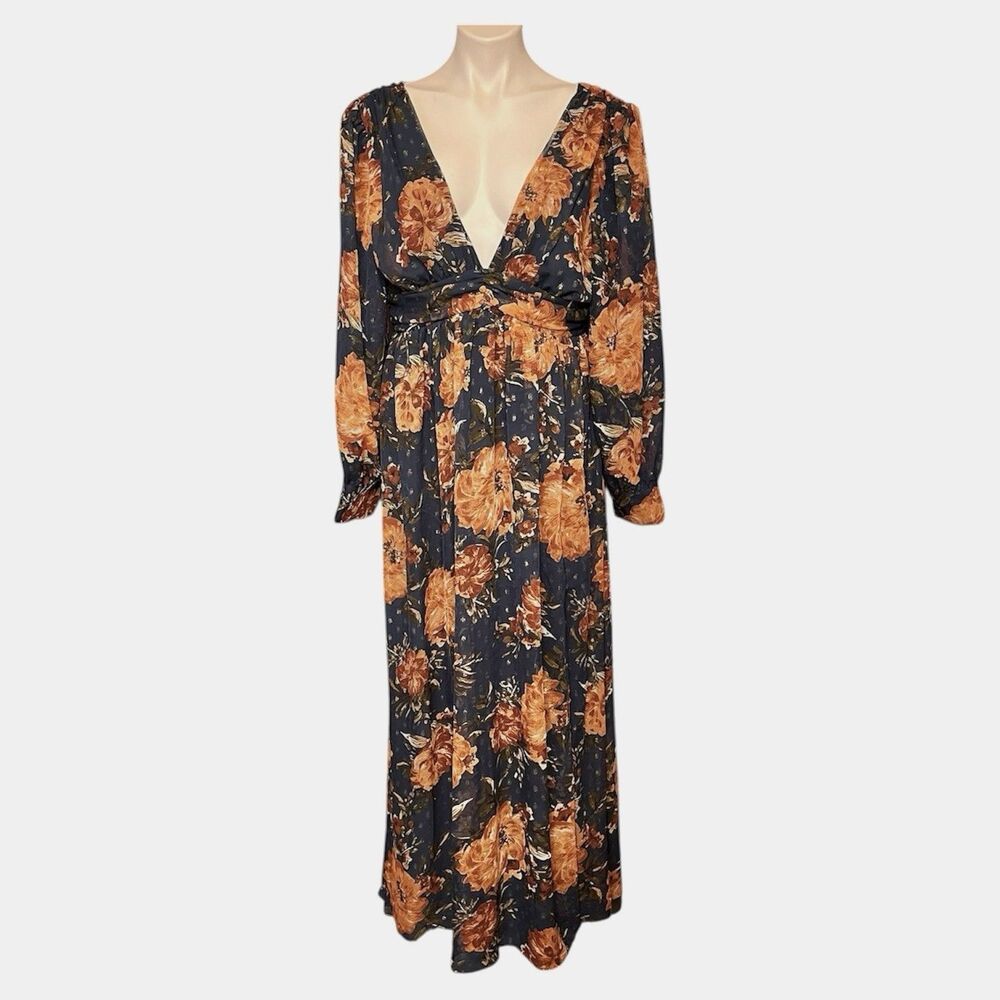 Aqua Long Sleeve Moody Floral Maxi Dress Deep V Neck